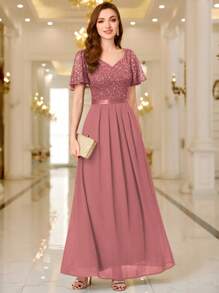 MIUSOL Contrast Sequin Lace Sweetheart Neck Flounce Sleeve Evening Party Long Dress Elegant Formal Prom Wedding Guest Gown, For Graduation, Dinner