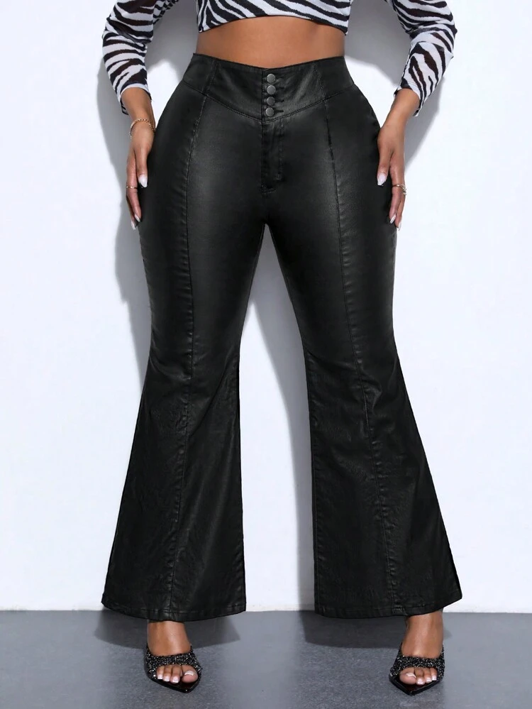 Plus Size Women High Waist Button Front Denim Effect Flared Pants Fall Cloth For Women