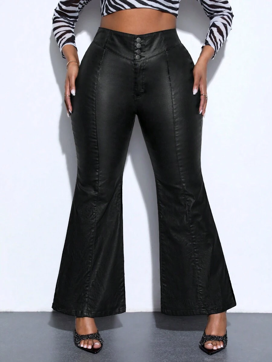 SHEIN SXY Pantalones acampanados de talle alto con efecto de mezclilla y botones frontales para mujer de talla grande - Negro - Ver 1