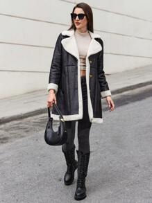 EURMUSE Manteau Patchwork En Peau De Mouton À Blocs De Couleurs Pour Femme, Coupe Régulière - Noir - Voir 5