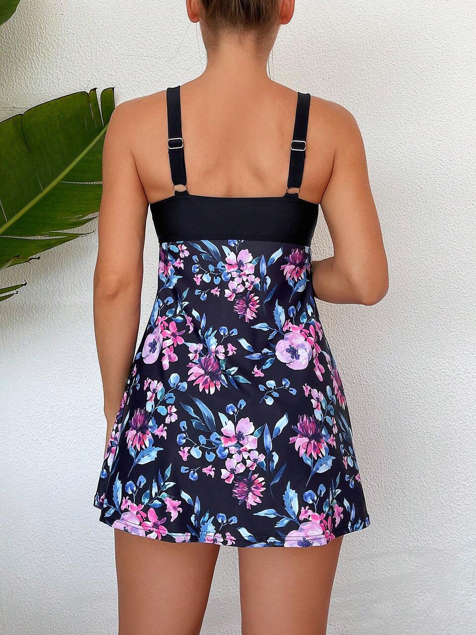 Summer Women's Floral Print Tie Front Cami Top And High Waisted Tankini Bottom Set