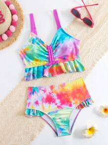 Conjunto De Bikini Con Teñido Anudado Y Cordón Para Niñas Preadolescentes - Multicolor - Ver 1