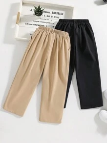 SHEIN 2 Stück Set Für Jungen, Lässig, Sportlich, Im College-stil, Gerades Bein, Khaki-hosen Und Schwarze Hosen, Geeignet Für Den Täglichen Gebrauch, Schule, Reisen, Partys Im Frühling Und Sommer