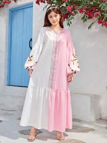 SHEIN Vestido Largo Tejido Para Niña Adolescente Con Estampado De Flores En Bloques De Color Y Mangas Tipo Farol - Multicolor - Ver 3