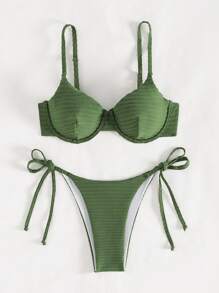 SHEIN Swim Summer Beach Ladies' Plain Textured Bikini Set - Army Green - View 1