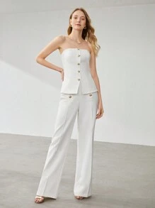 SHEIN x PRISCILA & JIMENA MOTF PREMIUM 抹胸鈕扣抹胸上衣 - 白色 - 查看 4