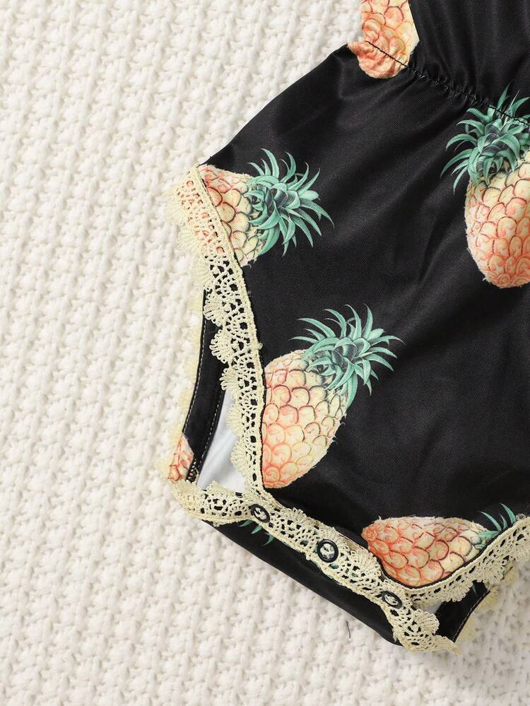 Baby Pineapple Print Guipure Lace Trim Bodysuit With Headband