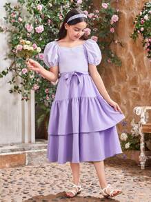 SHEIN Camisa con cuello corazón y mangas abullonadas a rayas, con cinturón desmontable y falda con volantes a juego para niña preadolescente (se venden por separado 2 conjuntos a juego mamá e hija)