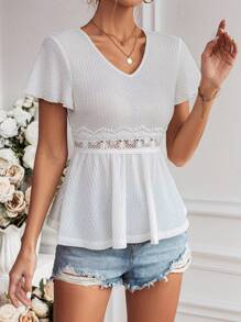 SHEIN Frenchy Women's Lace Patchwork Ruffle Hem T-Shirt - White - View 7