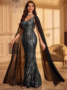 V-Neck Sequin Flared Sleeve Formal Dress With Flowing Hem - Black - View 5