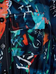 SHEIN 1pc Tween Boys' Graffiti Print Collar & Front Button Jumpsuit Spring/Summer - Multicolor - View 3