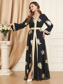 Ladies' Arabian Chiffon Dress With Golden Print, 2pcs/Set Modest Long Sleeve Kaftan Arabian Dress Spring Vacation Black - Black - View 5