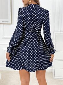SHEIN Privé Polka Dot Ruffled Sleeve Belted Dress For Women