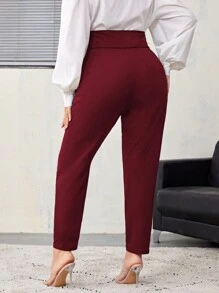 SHEIN Privé 女裝加大尺碼純色釦子細節錐形褲 - 酒紅色 - 查看 2