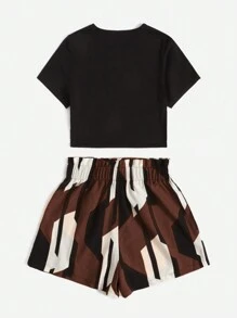 SHEIN Essnce Women's Solid Short Sleeve T-Shirt And Printed Shorts Two Piece Set - Brown - View 2