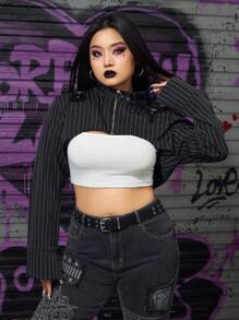 Grunge Punk Women's Plus Size Super Cropped Striped Jacket With Metal Button - Black - View 1