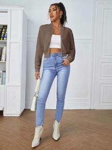 SHEIN Essnce 女式拉鍊前野球夾克 - 摩卡棕 - 查看 4