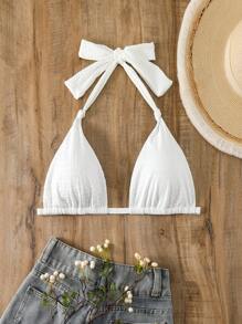 SHEIN Swim Curve Của phụ nữ Kích thước lớn Màu thuần Halter Neck Áo bikini - trắng - Xem 1