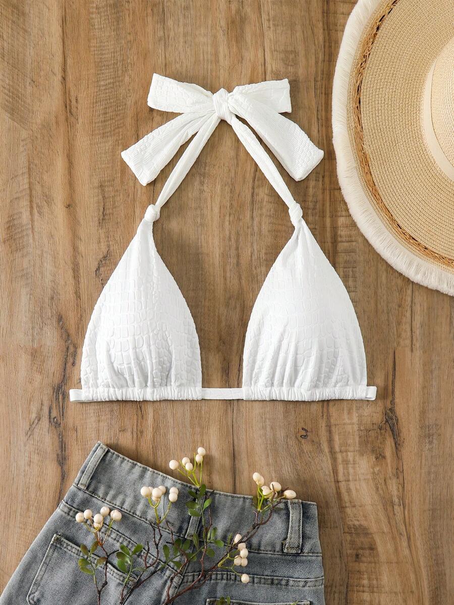 SHEIN Swim Curve Của phụ nữ Kích thước lớn Màu thuần Halter Neck Áo bikini - trắng - Xem 1