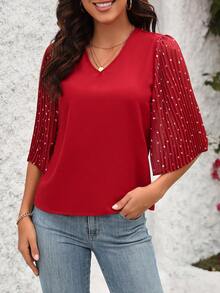 SHEIN Clasi Quý cô In Trái tim Tay áo xù Áo sơ mi - Đỏ - Xem 6