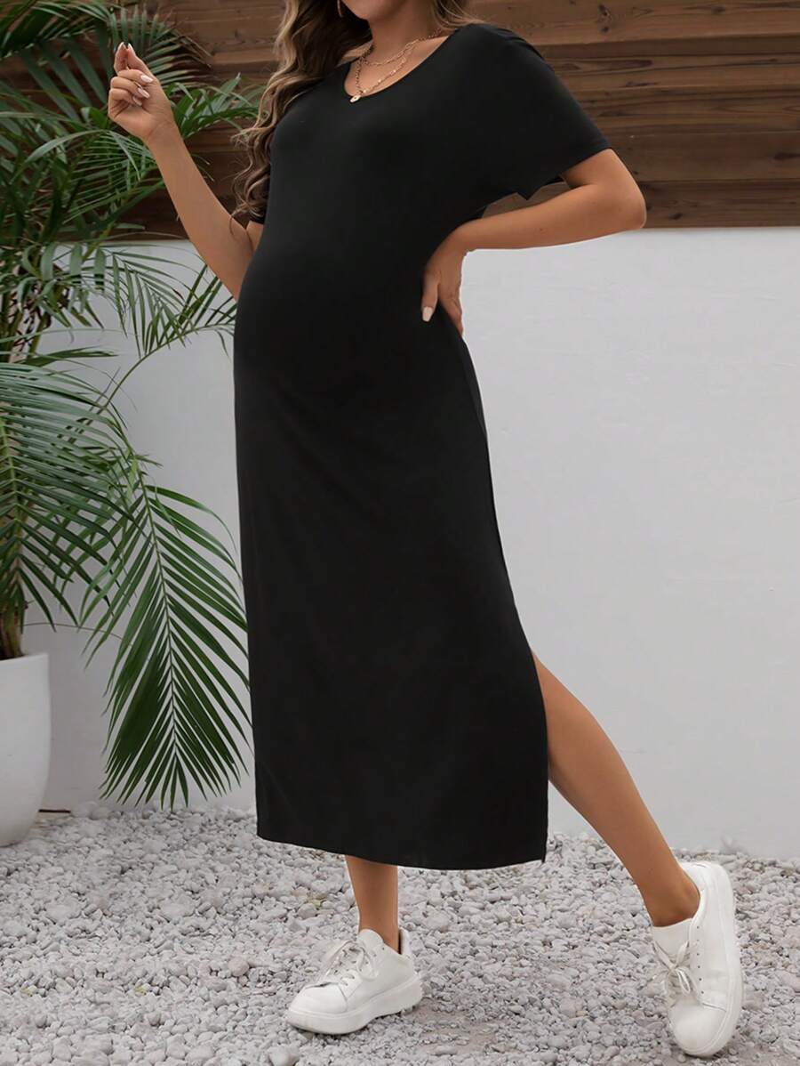 Maternity V-Neck Split Hem Short Sleeve Dress
