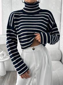 EURMUSE Women's Turtleneck Striped Cropped Sweater - Navy Blue - View 6