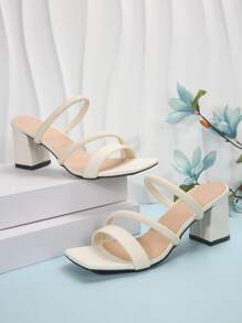 Spring/Summer White French High Heels Sandals, Minimalist Square Toe Design, Faux Leather, Suitable For Walking, Dating, Gatherings, Parties, Work - Beige - View 6