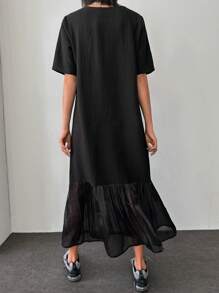 DAZY Short Sleeve Round Neck Ruffle Hem Dress Sundress - Black - View 2