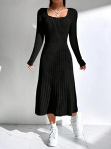 SHEIN EZwear Women'S Solid Color Ribbed Knit Sweater Dress - Black - View 5
