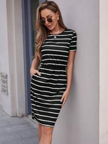 SHEIN LUNE 條紋短袖束腰連衣裙 - 黑與白 - 查看 1