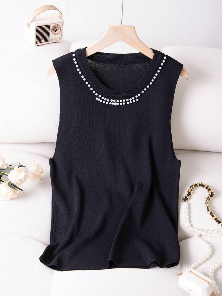 Plus Size Women's Knitted Sleeveless Top With Pearl Embellishment
