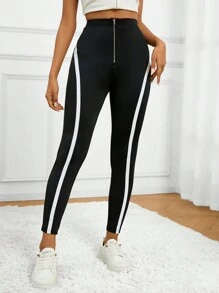 SHEIN Essnce Của phụ nữ Giải trí Màu sắc Chặn Chặt Phù hợp Quần skinny Đen Quần - Đen và trắng - Xem 5