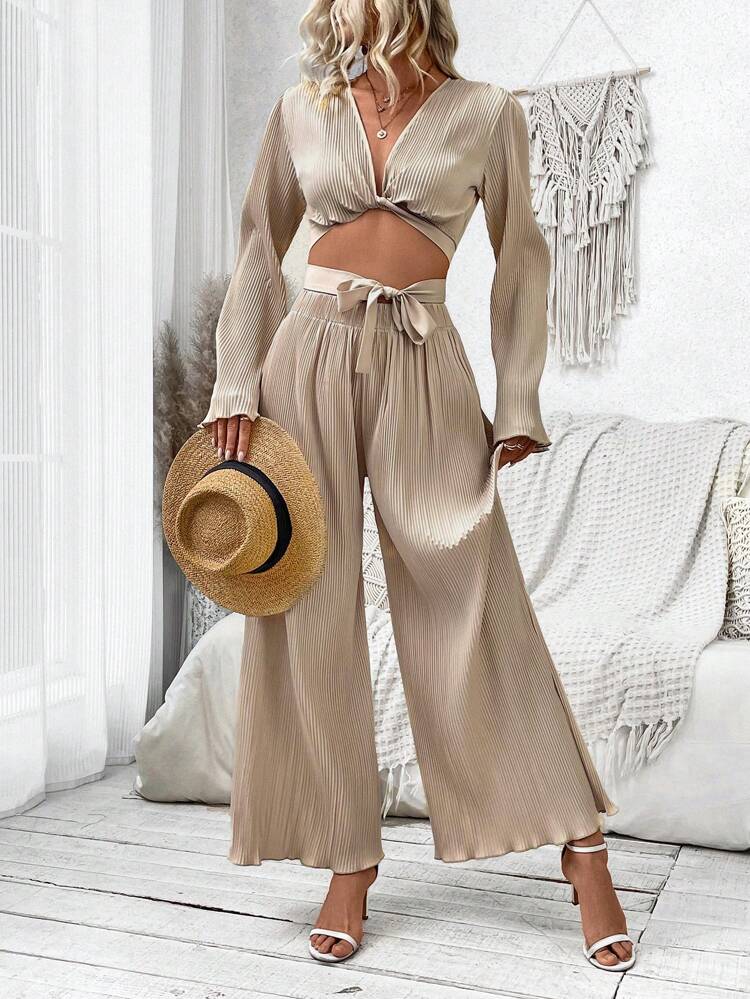 Solid Color Pleated Long Sleeve Jumpsuit