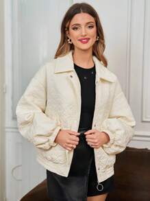 SHEIN Frenchy Women's Quilted Heart Pattern Loose Fit Casual Collared Padded Coat With Filling