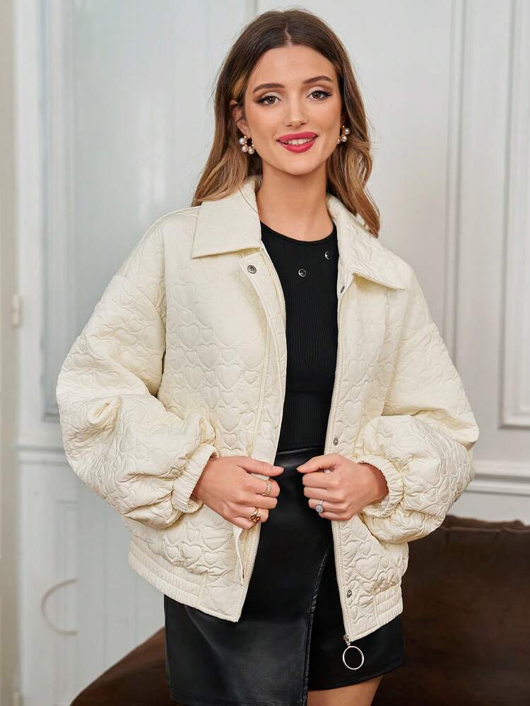 Women's Quilted Heart Pattern Loose Fit Casual Collared Padded Coat With Filling Winter White