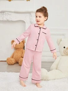 SHEIN Leap Crew Trẻ Cô gái Khối màu Lỏng lẻo phù hợp Áo Với Viền tương phản Và Quần Trang phục mặc nhà Bộ - Màu Hồng baby - Xem 2