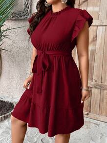 SHEIN 加褶饰边褶边下摆束带连衣裙酒红色女装 - 酒紅色 - 查看 5