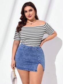 EMERY ROSE 女士加大號高腰側面開衩緊身牛仔裙,藍色 - 中等水洗藍 - 查看 5