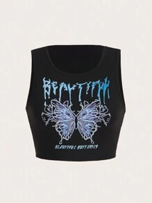 SHEIN Unity Camiseta De Tirantes Con Estampado De Mariposas Y Palabra En Inglés Para Mujer A La Moda - Negro - Ver 1