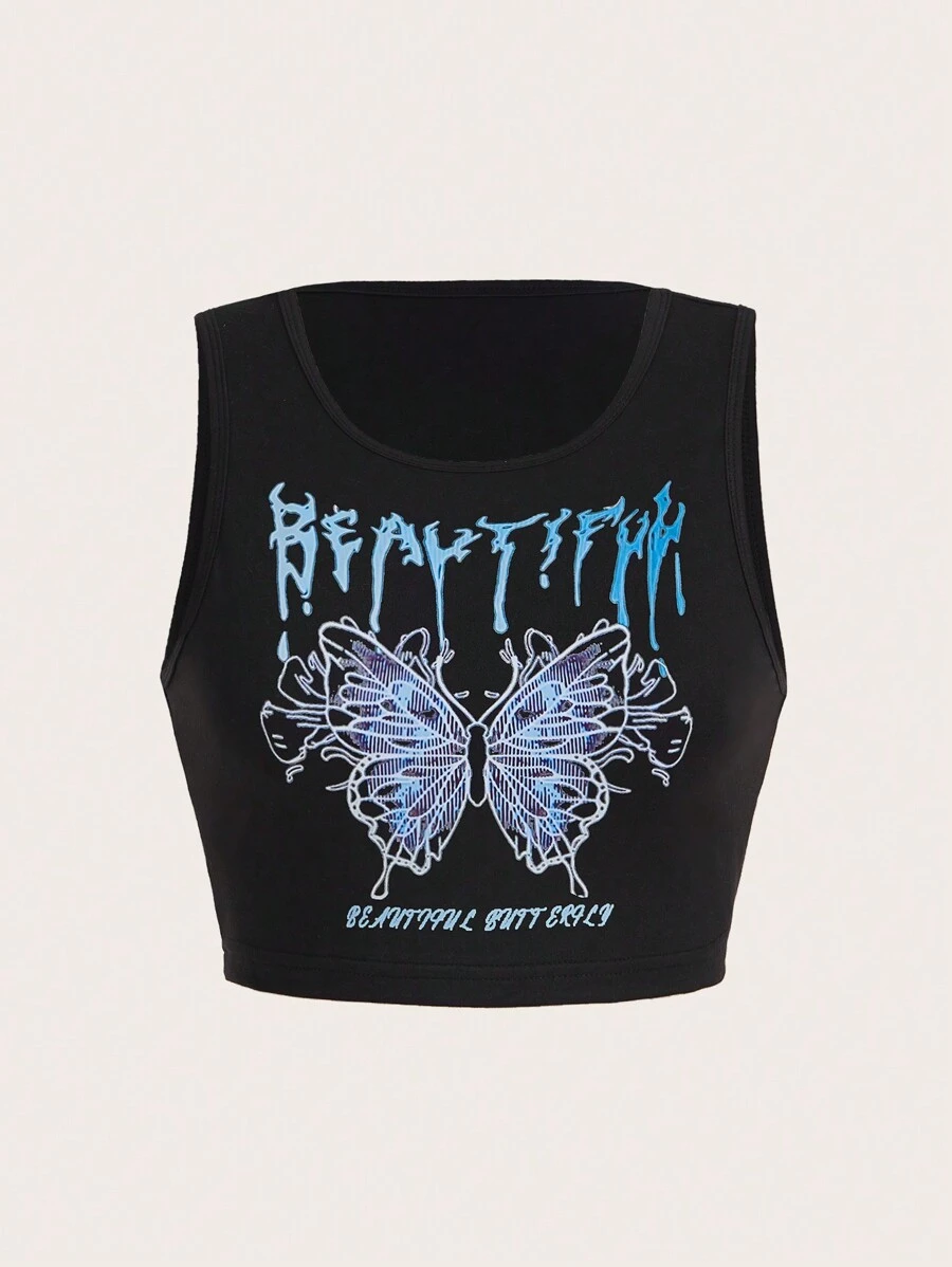 SHEIN Unity Camiseta De Tirantes Con Estampado De Mariposas Y Palabra En Inglés Para Mujer A La Moda - Negro - Ver 1