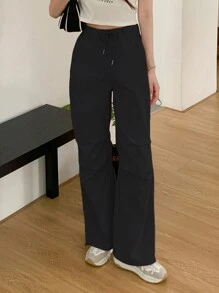 DAZY Pantalones largos informales de negocios de color liso con cordón en la cintura - Negro - Ver 3