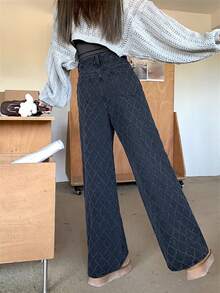 Pantalones Vaqueros Con Patrón Jacquard De Diamante - Negro - Ver 2