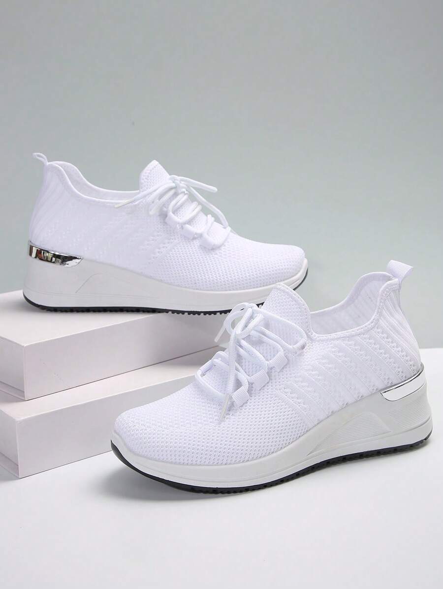 Giày thể thao đế xuồng thường ngày cho nữ, vải thun co giãn mới mùa xuân, đế dày thoáng khí cỡ lớn, màu trắng - trắng - Xem 1