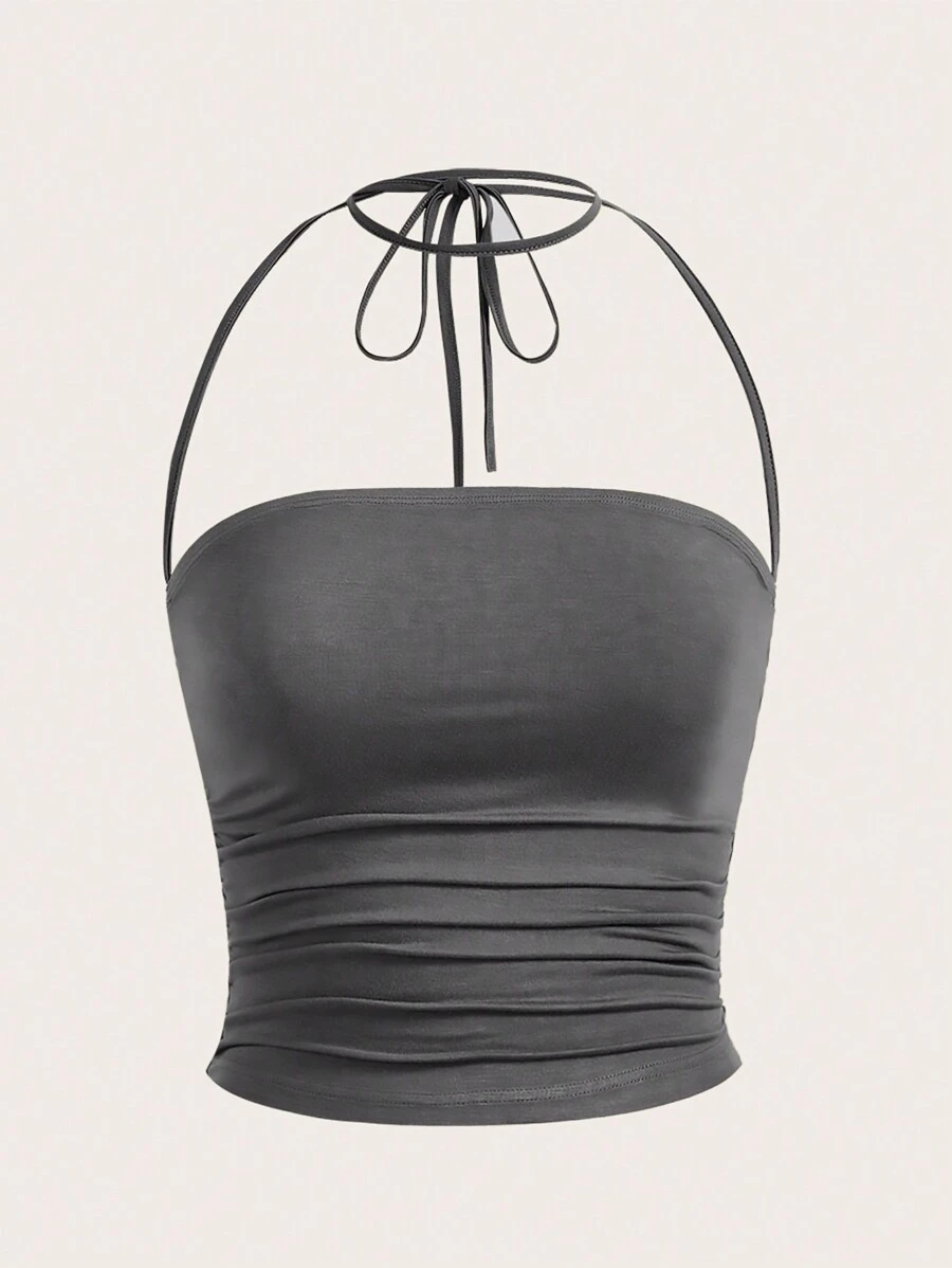 SHEIN EZwear Ladies' Solid Color Pleated Halterneck Tank Top