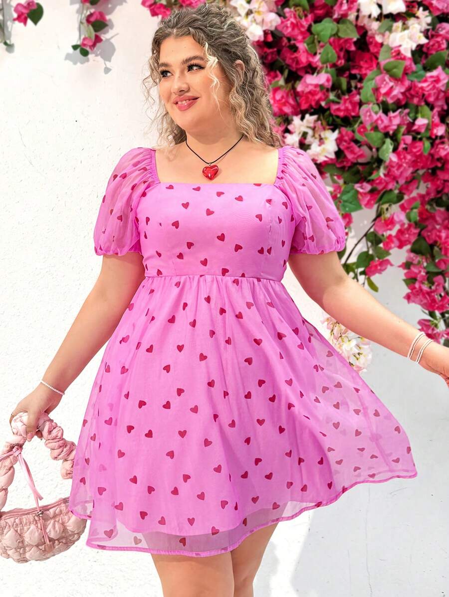 Dreamara Women's Plus Size Casual Vacation Style Short Puff Sleeve Slim Fit Square Neckline Dress