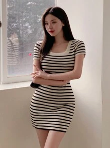 DAZY 女式條紋短羊毛衫裙 - 黑色 - 查看 3