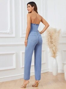 SHEIN Privé Damen Denim Trägerloser Jumpsuite Mit Geraden Beinen