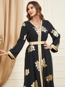 Ladies' Arabian Chiffon Dress With Golden Print, 2pcs/Set Modest Long Sleeve Kaftan Arabian Dress Spring Vacation Black - Black - View 7