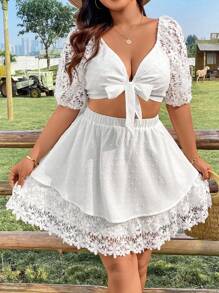 Flirla Plus Size Lace Raglan Sleeve Tie Front Jacquard Cropped Top And Skirt Set