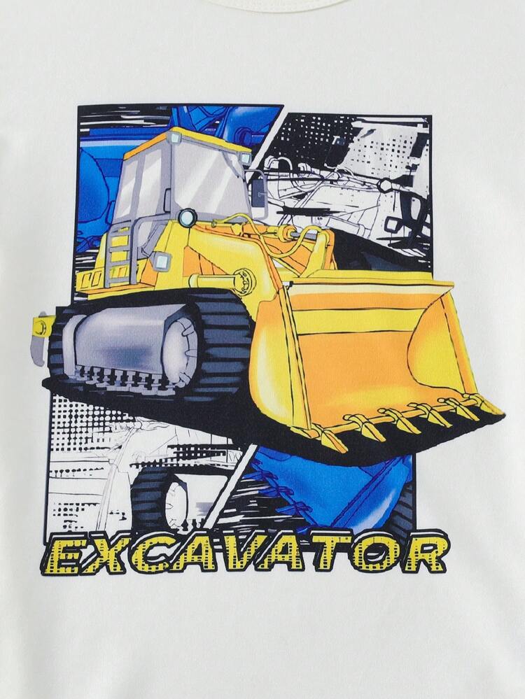 Tween Boys' Cool Excavator Print Design English Letters Printed Shorts And Trousers Simple Comfortable 2pcs/Set Casual Home Wear